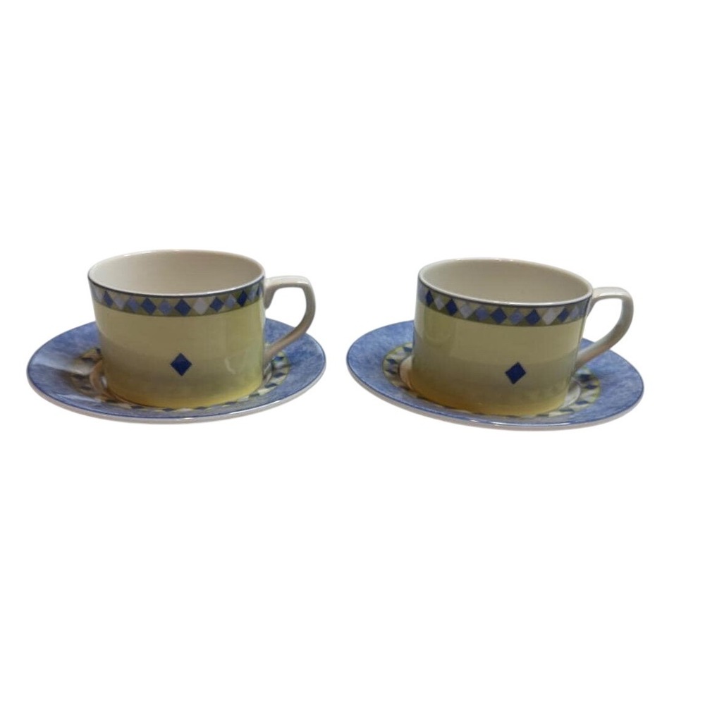 Royal Doulton Carmina Flat Espresso Cup and Saucer Set/2 Blue Yellow Fine China